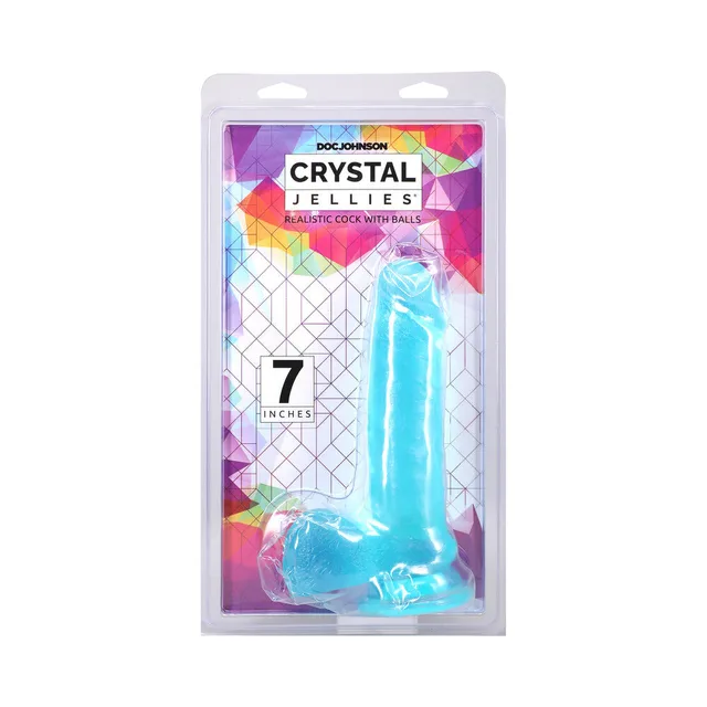 Crystal Jellies 7-inch teal dildo with balls in retail pack