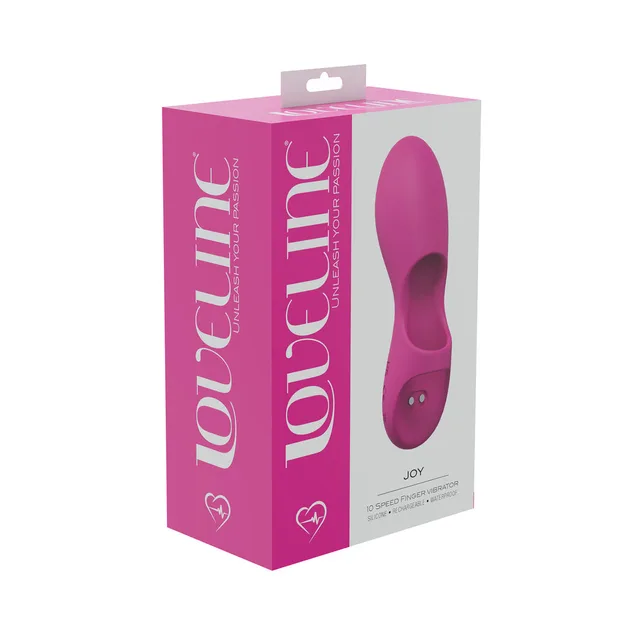 pink LoveLine Joy finger vibrator with open grip pictured on magenta box
