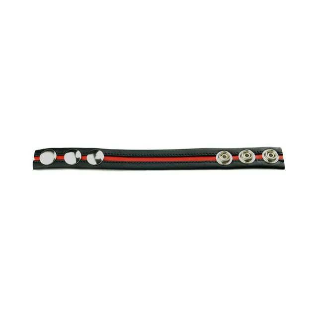Black-and-red Prowler RED cock strap laid flat with three snap positions