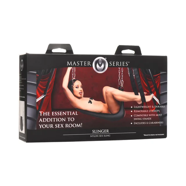 Master Series Slinger black nylon sex sling shown on wide retail box