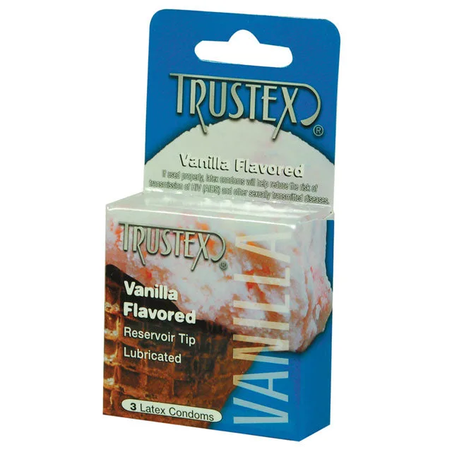 Trustex Vanilla Flavored three-pack of condoms in blue carton