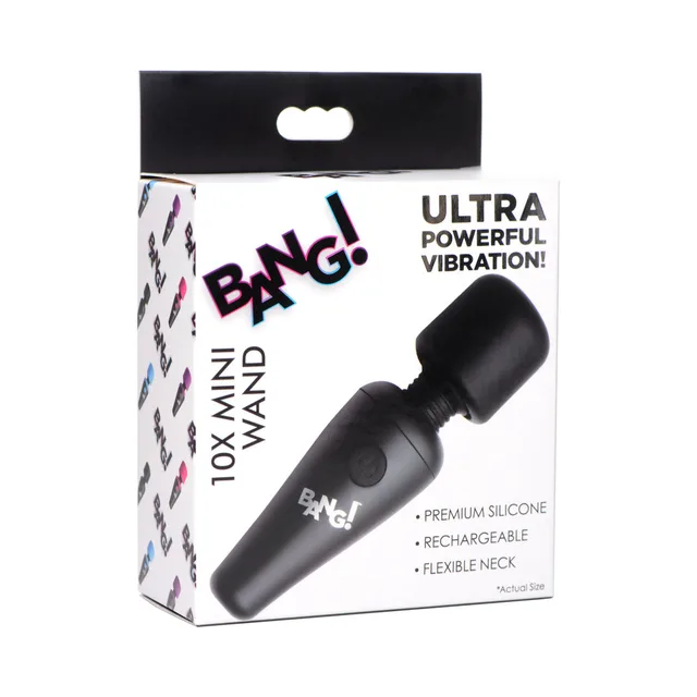 black BANG 10X rechargeable mini wand pictured on black-trimmed retail box