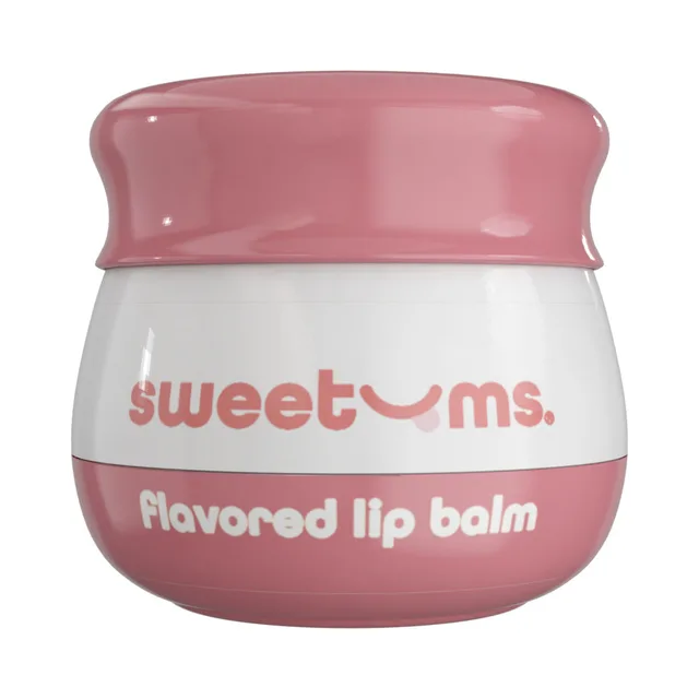 Front view of rounded Sweetums Cherry Lip Balm jar with pink lid