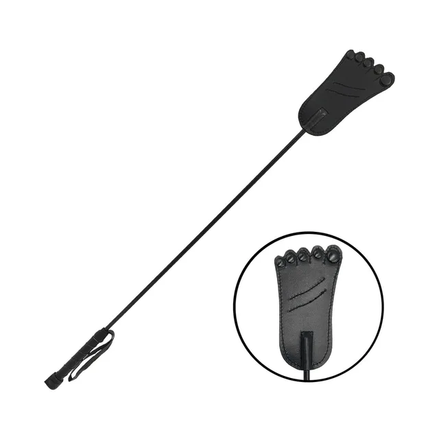 Rouge black leather foot-shaped riding crop full-length view with slim shaft and wrist loop