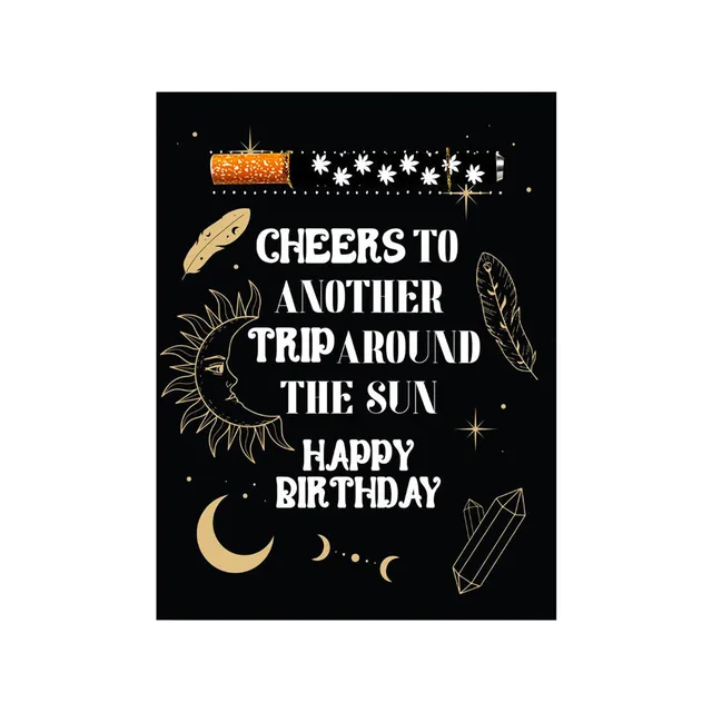 black celestial birthday greeting card with moon, sun, crystals and mounted one-hitter