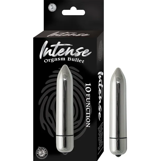 Silver Nasstoys Intense 10-function bullet vibrator beside black carton