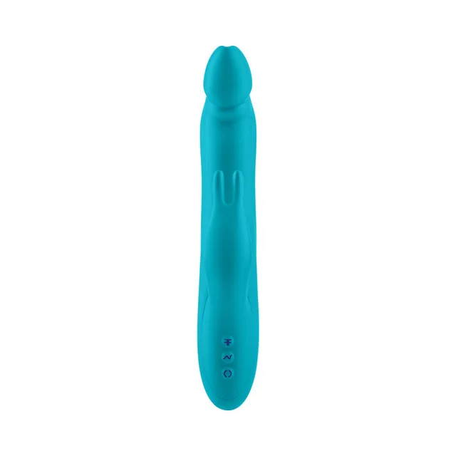 Front view of turquoise Booster Rabbit XL with curved shaft and controls