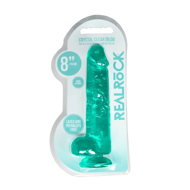 Turquoise RealRock Crystal Clear 8-inch dildo in retail pack