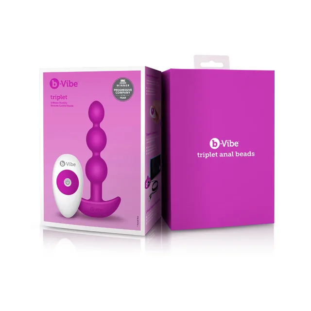 b-Vibe Triplet Fuchsia Silicone Beads front retail carton beside purple presentation box