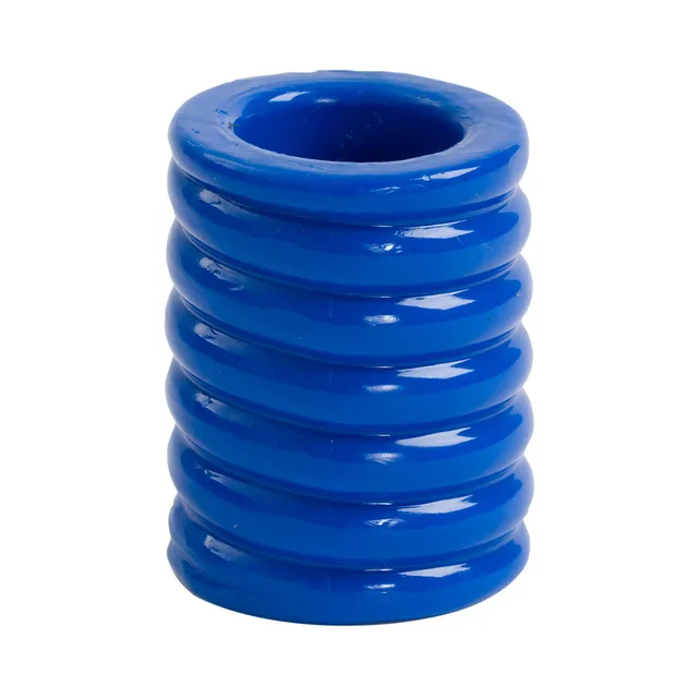 close view of bright blue TitanMen cage with five rounded ribs