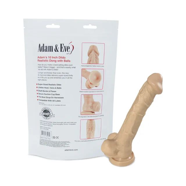 Adam & Eve 10-inch beige realistic dildo beside rear bag panel with product diagrams
