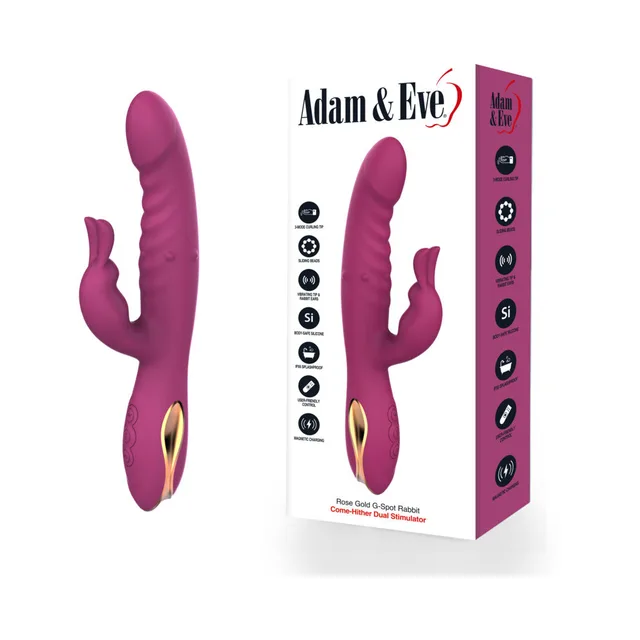 Pink Adam and Eve Rose Gold G-Spot Rabbit displayed beside white retail box