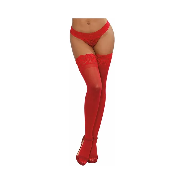 Front view of red sheer thigh highs with silicone lace tops