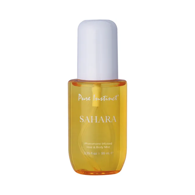 Translucent gold Pure Instinct Sahara mist bottle with white cap