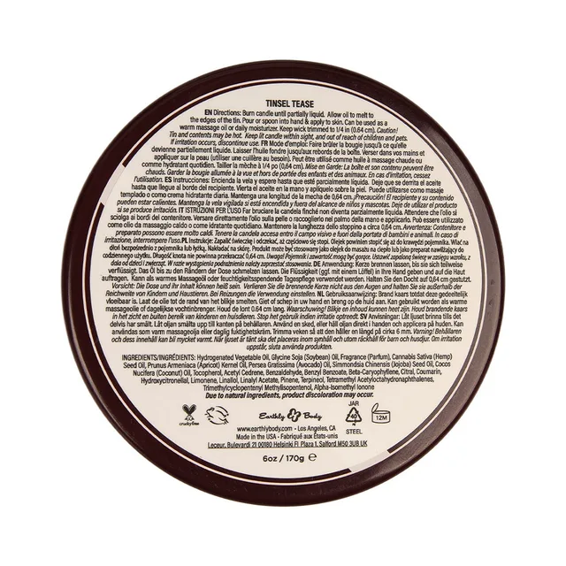 Underside of Tinsel Tease candle tin with printed directions