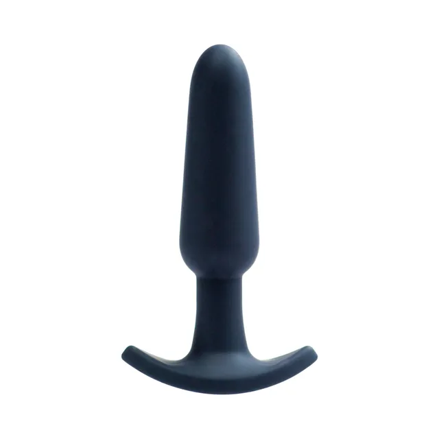 VeDO Bump black anal vibrator upright front view with tapered shaft and flared T-base