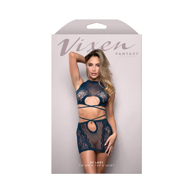 Navy Vixen at Last floral lace tie-back top and skirt set on box