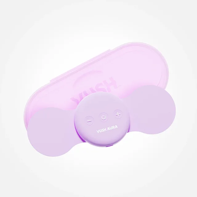Periwinkle VUSH Aura flexible pad and round control module inside travel case