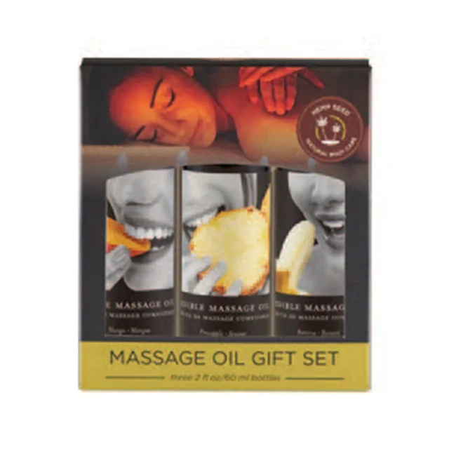 Earthly Body gift set with mango pineapple and banana 2 oz massage oil bottles