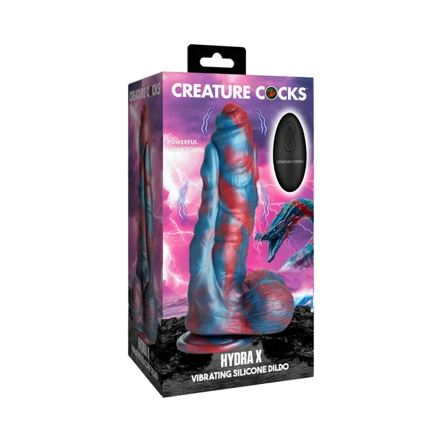 Creature Cocks Hydra X red-and-blue vibrating fantasy dildo in illustrated retail box