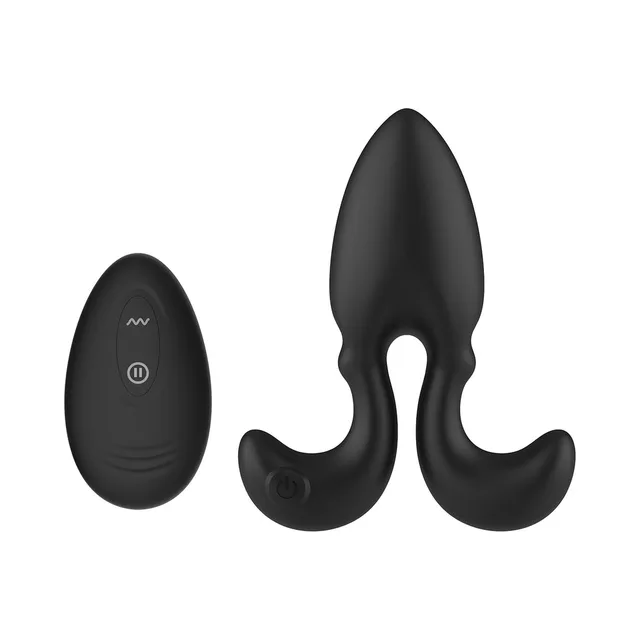 Black Omega vibrating plug displayed with matching oval remote