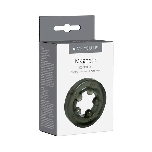 black translucent Me You Us cock ring with five magnets and raised inner nodes in box
