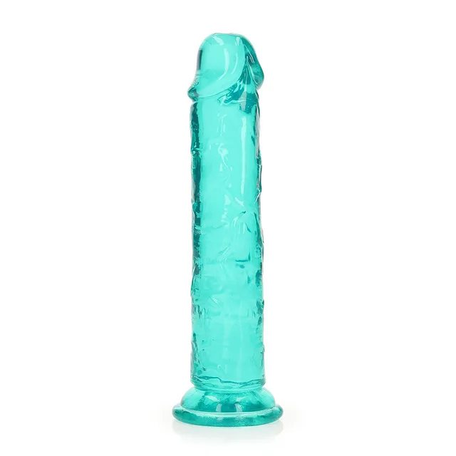 Left-side view of turquoise RealRock 7-inch dildo