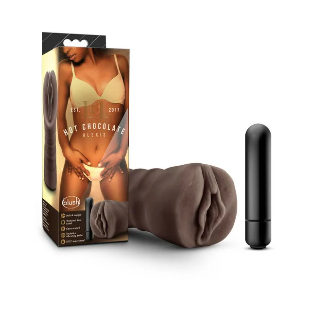 Hot Chocolate Alexis brown stroker beside retail box and black capsule bullet