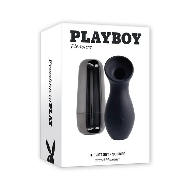 Playboy Jet Set Sucker black toy and metallic case pictured on box