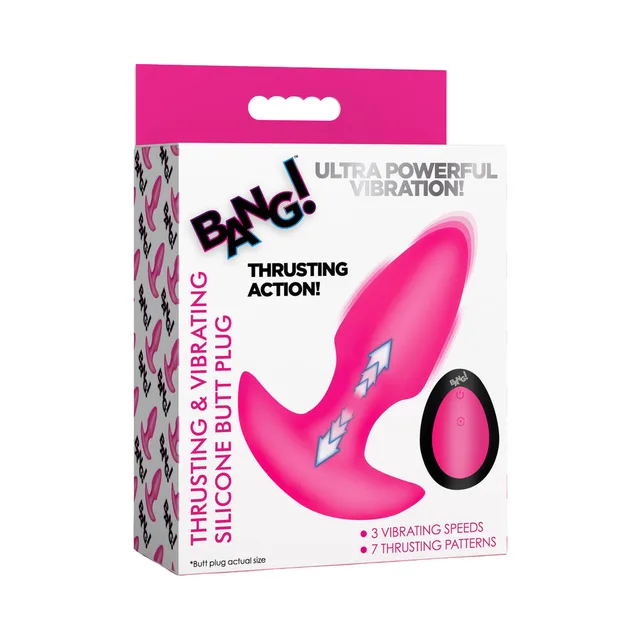 BANG pink silicone thrusting butt plug in color-matched retail packaging