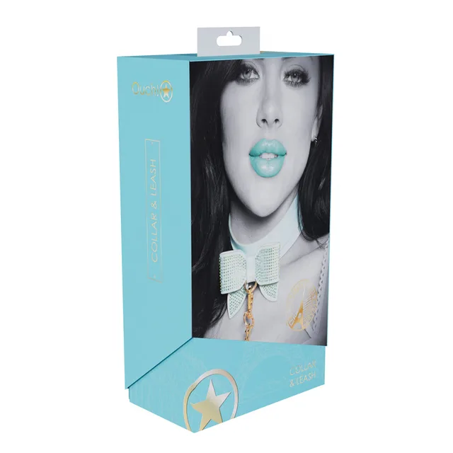blue Paris Collection collar and leash displayed in aqua Ouch retail box