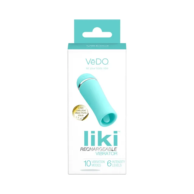 Front panel of white and turquoise VeDO Liki Tease Me box