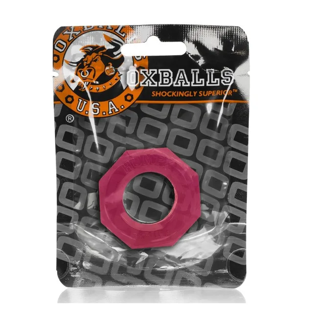 Hot pink faceted Oxballs Humpballs cock ring in hanging pouch