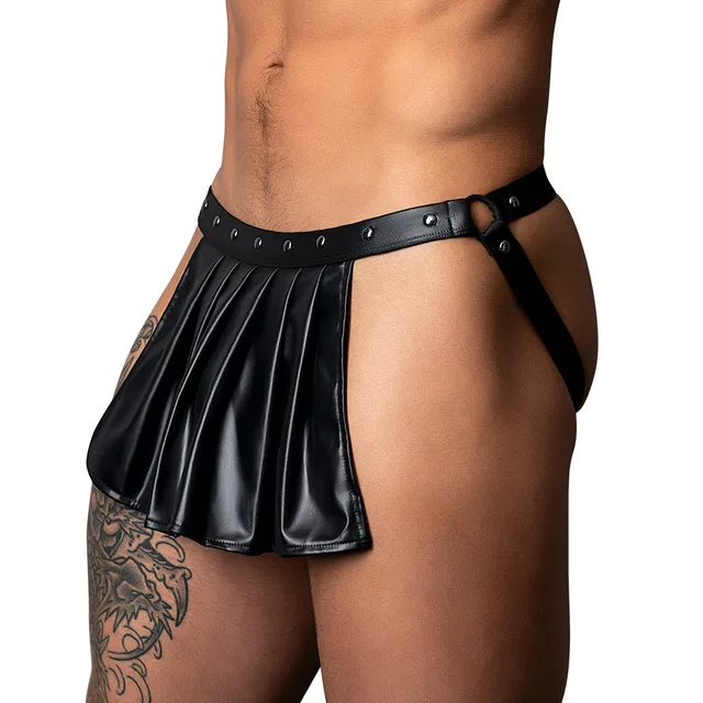 Male Power Fetish Spartacus L/XL black skirt jock side view worn by model