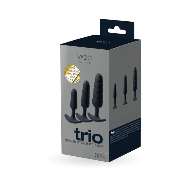 VeDO Trio box showing three graduated black silicone anal plugs