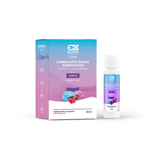 Elixir Bubble Gum Personal Lubricant 30 ml white bottle beside blue-purple retail carton