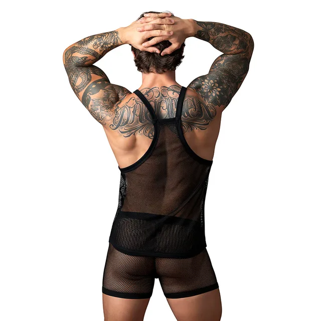 Rear view of Black Male Power Fishnet Racerback Top S/M