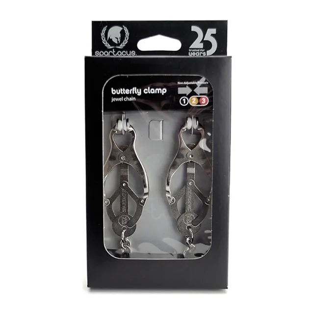 Spartacus Lite Line silver butterfly nipple clamps in black package