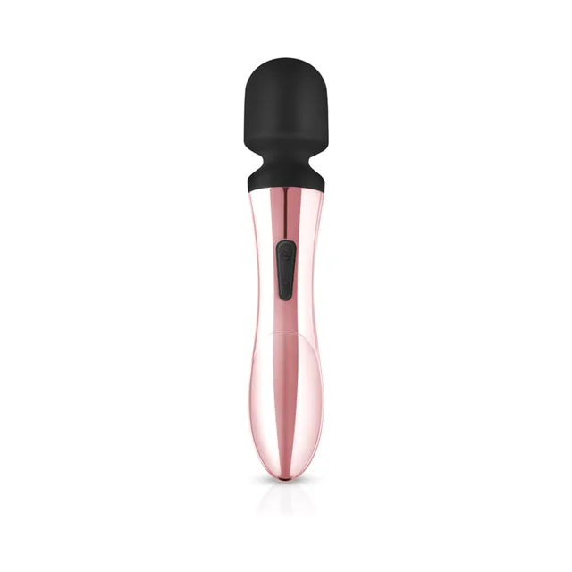 upright Rosy Gold Nouveau Curve massager with black head and rose-gold handle