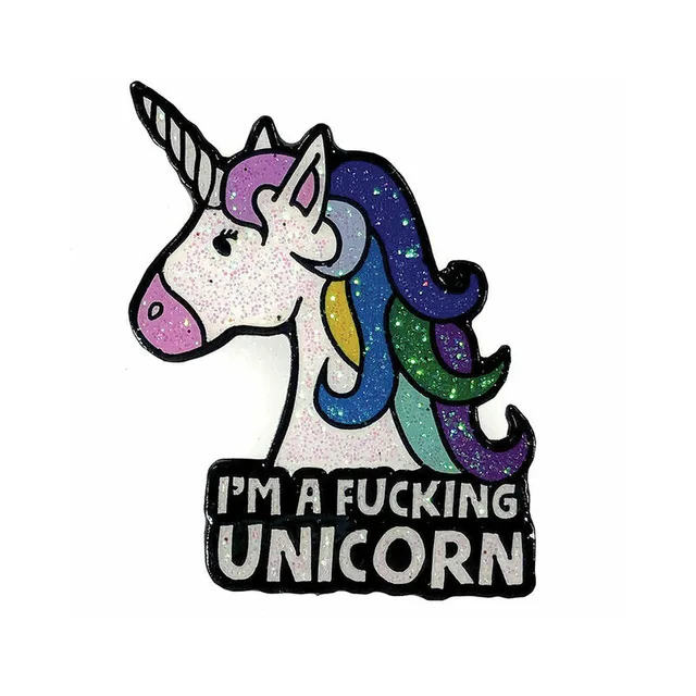 white unicorn enamel pin with glitter rainbow mane and black caption