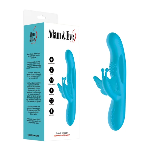 Adam and Eve Butterfly Embrace teal massager beside white and teal retail box