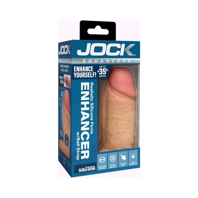 Light-beige JOCK silicone penis enhancer sleeve displayed in blue retail box