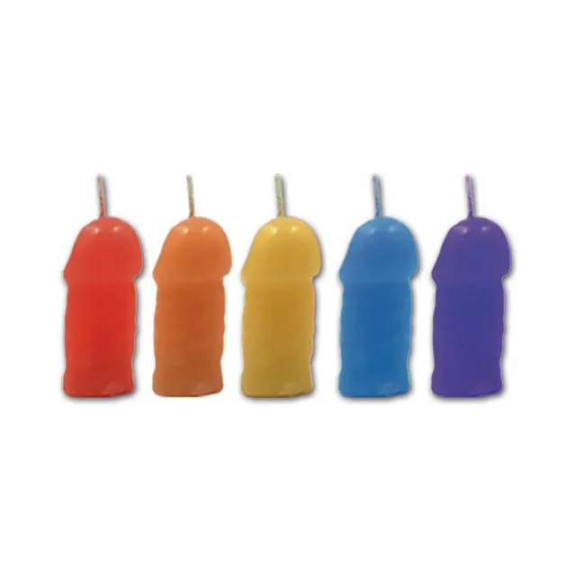 Rainbow Pecker Party Candles 5 Pack red orange yellow blue purple candles in a row