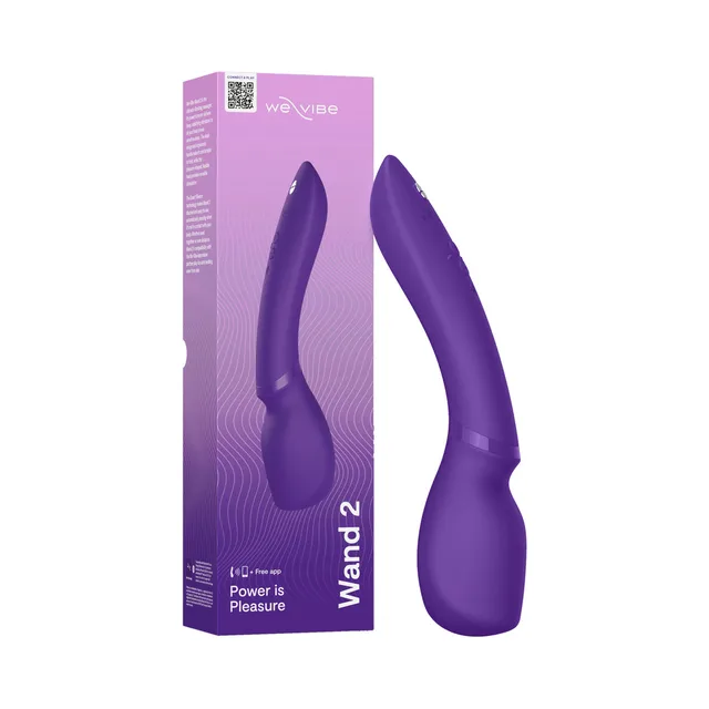 purple We-Vibe Wand 2 massager standing beside its retail box