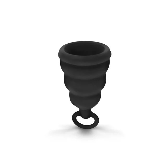 black GVibe Gcup menstrual cup with bell shape stacked rings and loop pull tab