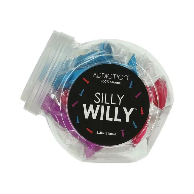 Front of clear Silly Willy fishbowl display with black round label