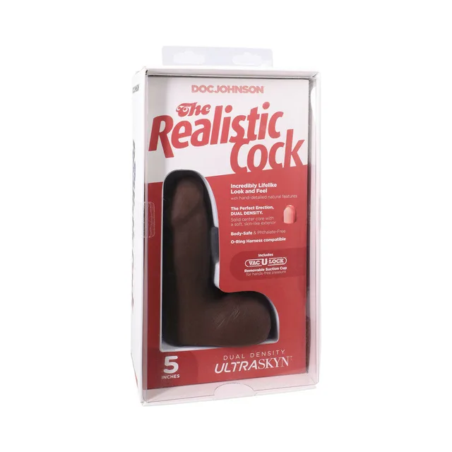 5-inch chocolate Realistic Cock ULTRASKYN dildo with balls in red window package