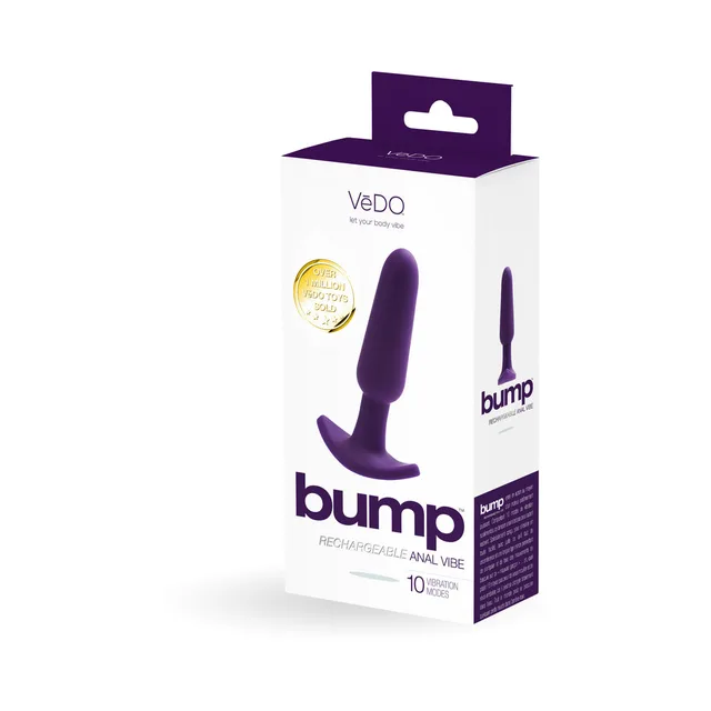 VeDO Bump deep-purple anal vibrator beside matching VeDO Bump retail box