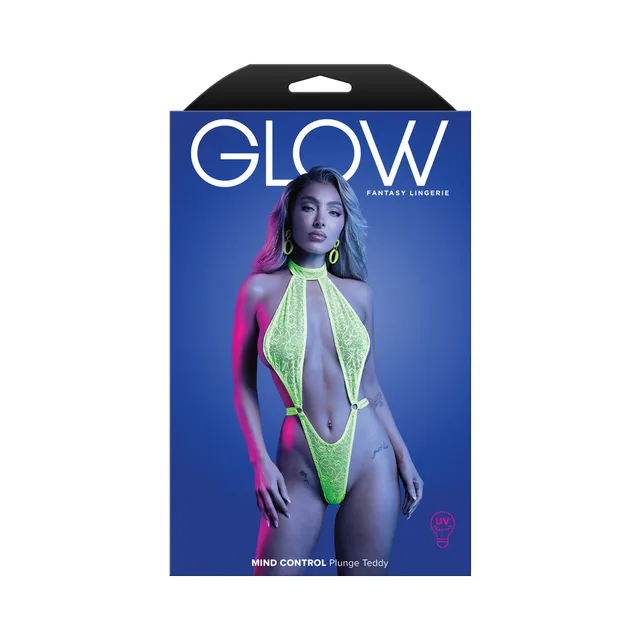 Model wearing green Mind Control UV lace halter plunge teddy on box