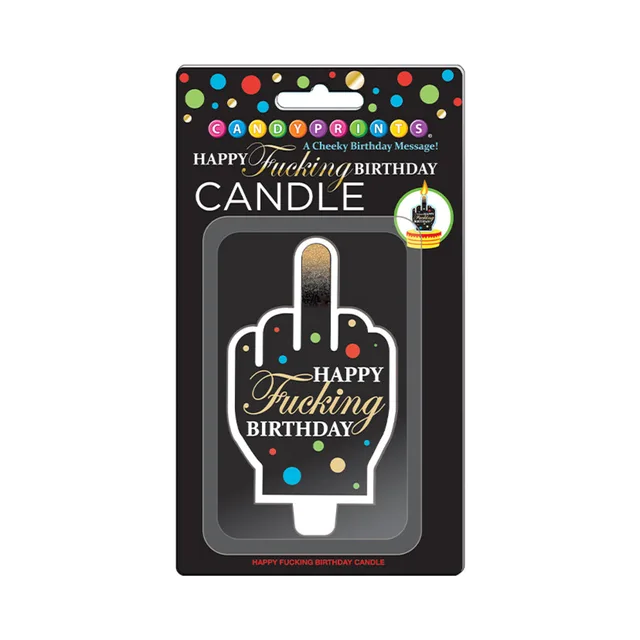 Happy Fucking Birthday middle-finger candle on black retail card